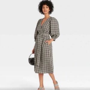 A New Day Black/Cream Plaid Wrap Dress